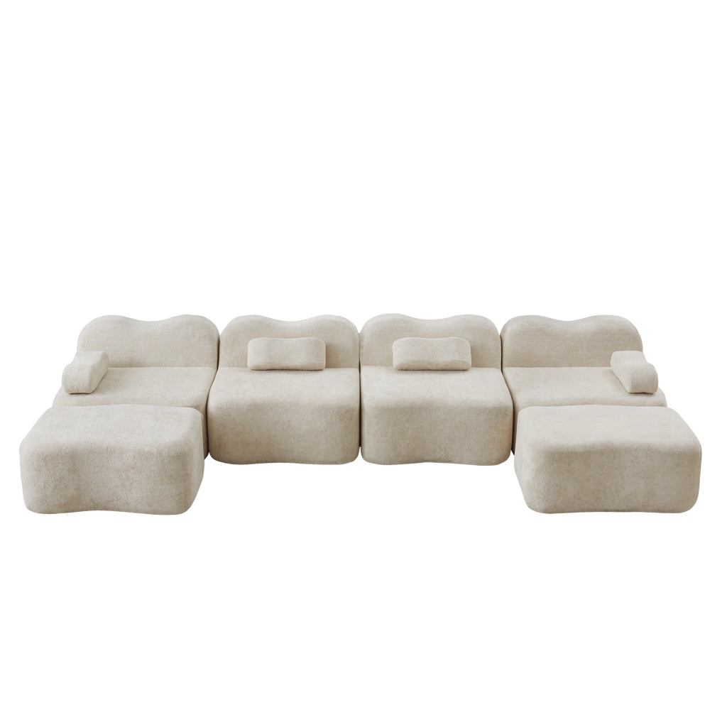 Divano modulare a U 4 posti con 2 pouf design ondulato e cuscino bracciolo mobile in velluto beige 384 × 167 × 70 cm