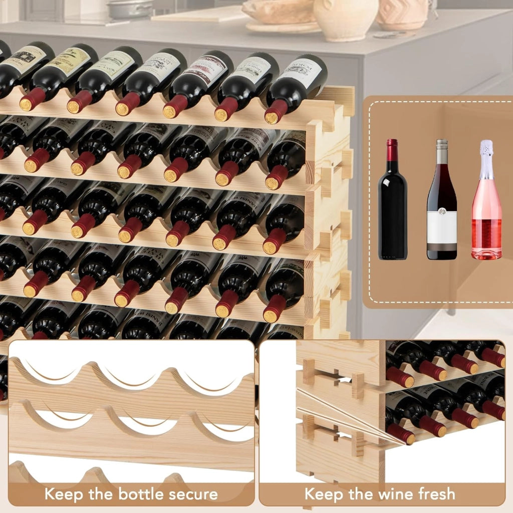 Portabottiglie in legno di pino per 60 bottiglie, scaffale indipendente a 6 livelli, 101 x 29 x 73 cm, portabottiglie impilabile, per cantina, bar, sala da pranzo, naturale