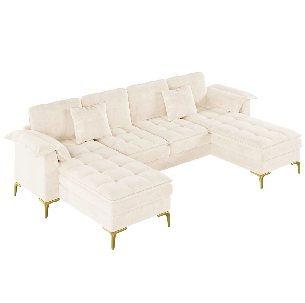 Divano angolare modulare a U per 4-5 persone in ciniglia beige con doppia imbottitura e penisole