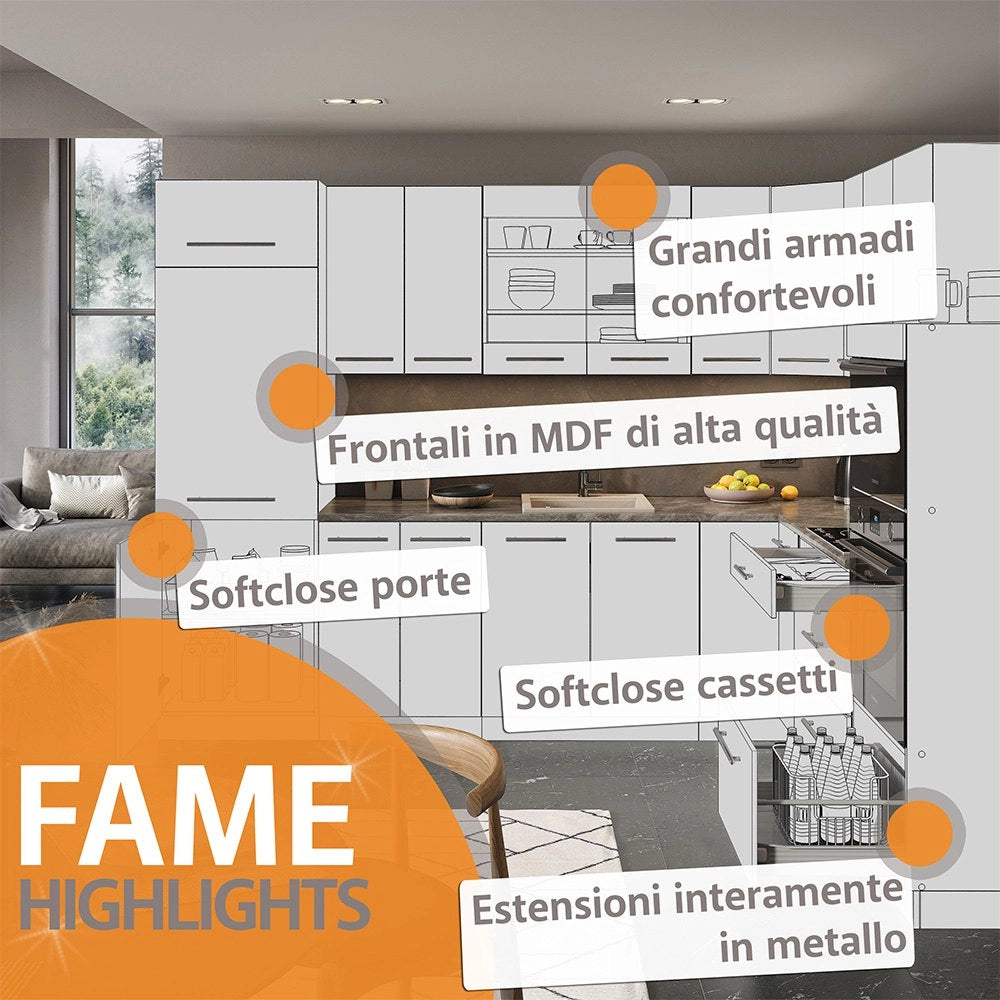 Cucina componibile Fame-Line Bianco rustico/Bianco 355 cm, PL Rovere Vicco