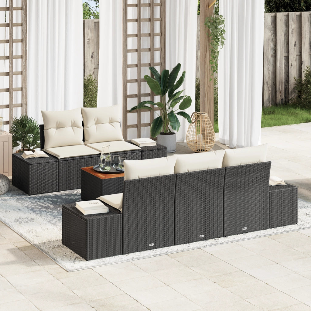 Set di divani da giardino 6 pezzi con cuscini Nero Polyrattan Acacia