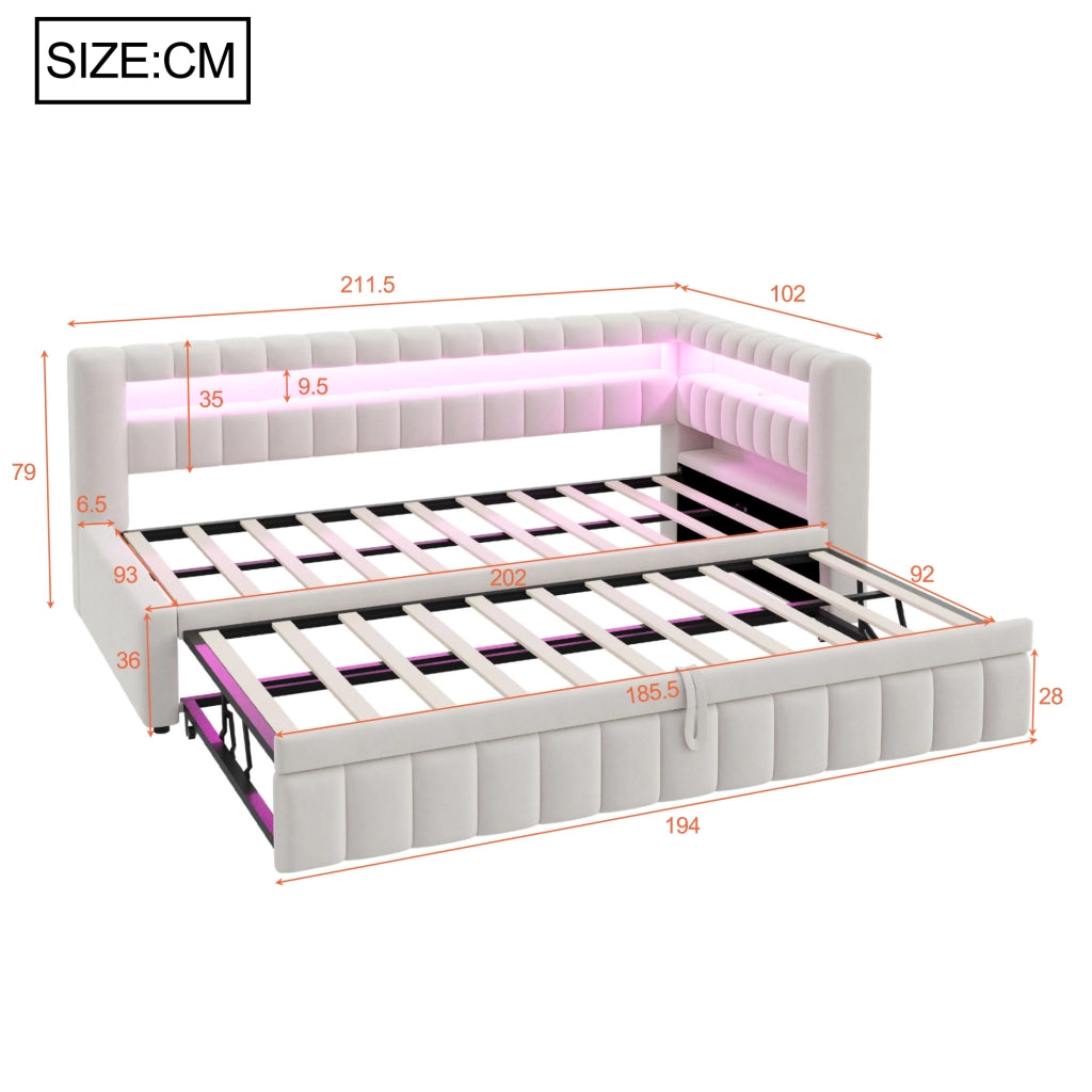Letto estraibile singolo 90×200 cm con LED; USB; Type-C e ripiani; senza materasso; beige
