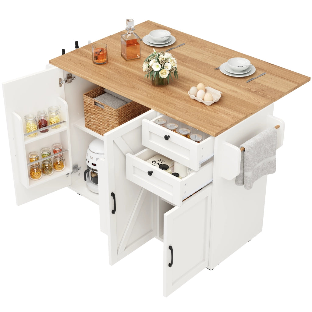 OKWISH Carrello da Cucina con 2 Cassetti, Ripiani su Entrambi i Lati, Piano Ribaltabile e 5 Ruote, per Cucina, MDF, Bianco