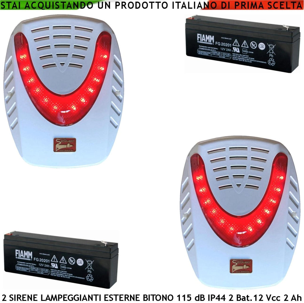 Sirena Antifurto Esterna Lampeggiante a Led 2 Pezzi Binota Frequenza A/B 1724/2475 Hz 115 dB Allarme Caduta +/- 2 Segnalazioni Stato Impianto 2 Batterie 12 V 2 Ah Alimentazione 12 V Batterie 12 V 2 Ah