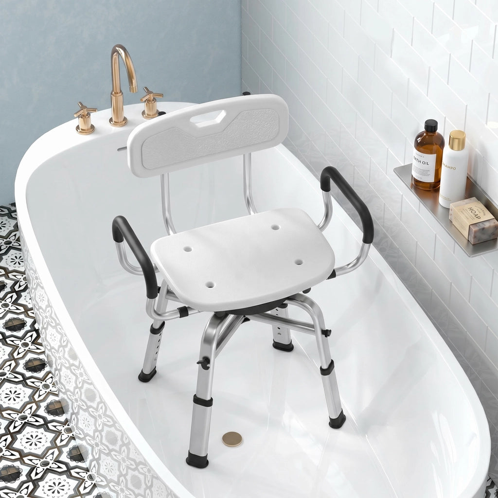 Sedia da doccia girevole regolabile con braccioli e schienale ¨C zephmum ¨C Bianco, 150 kg