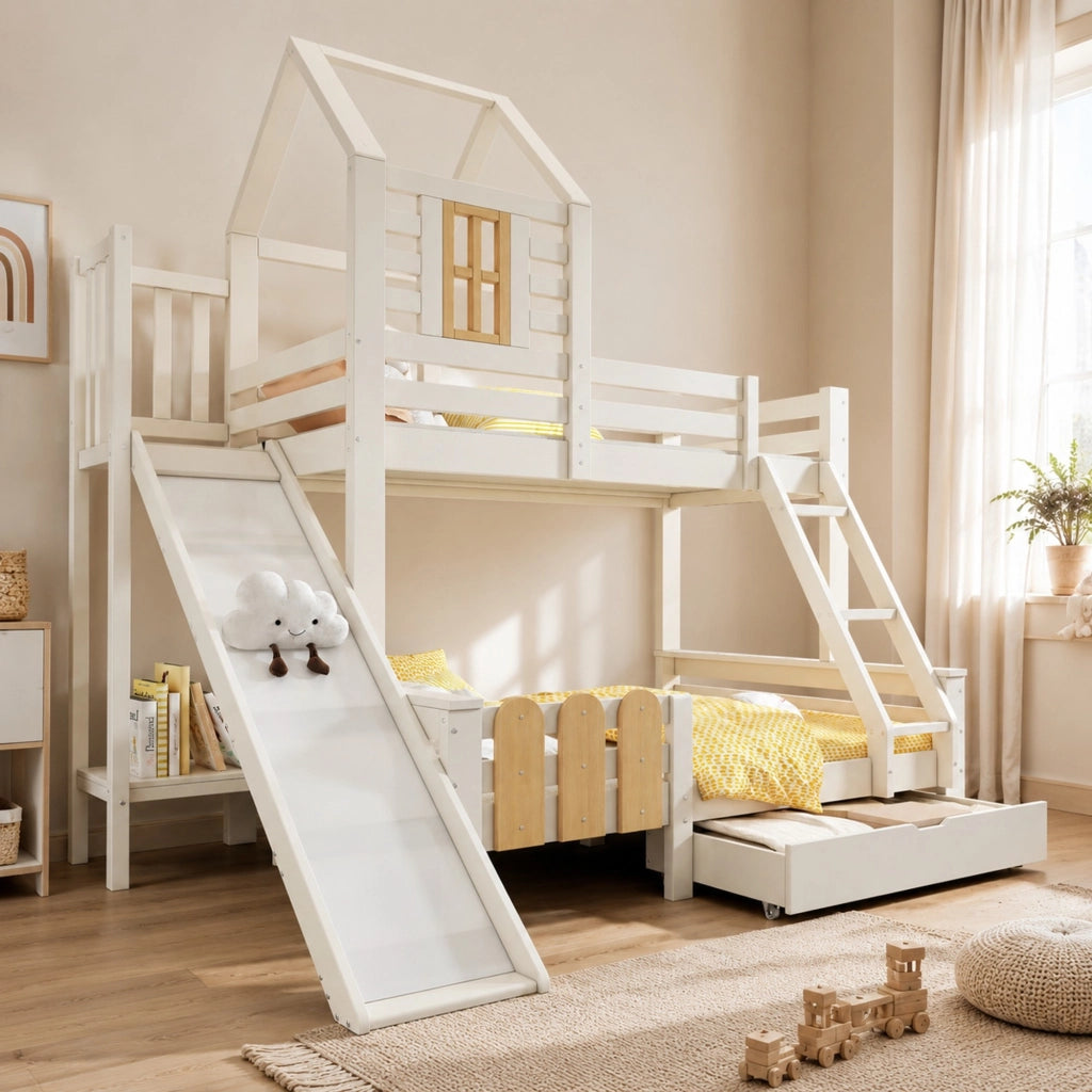 Letto a castello per bambini 90x200/140x200 cm con scivolo, scala, cassetto e rete a doghe