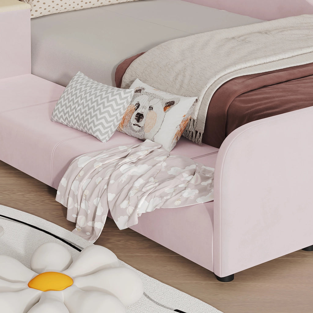 DESMIU Letto bambino 90 × 200 cm con scrivania, sgabello e ripiano, senza materasso, in velluto rosa