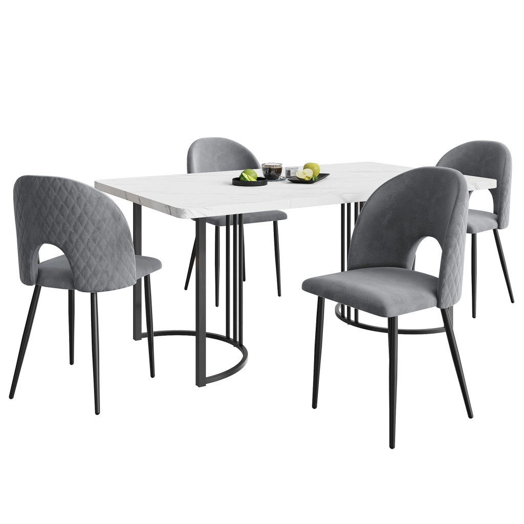 Tavolo da pranzo con 4 sedie in velluto, piano effetto marmo e gambe in metallo, per cucina e sala da pranzo, 140 × 80 cm