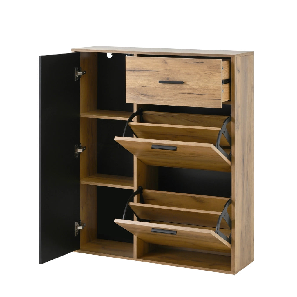 Mobile porta scarpe moderno con cassetto, 3 ante e ripiani regolabili, nero e naturale, 80 x 24 x 95,5 cm