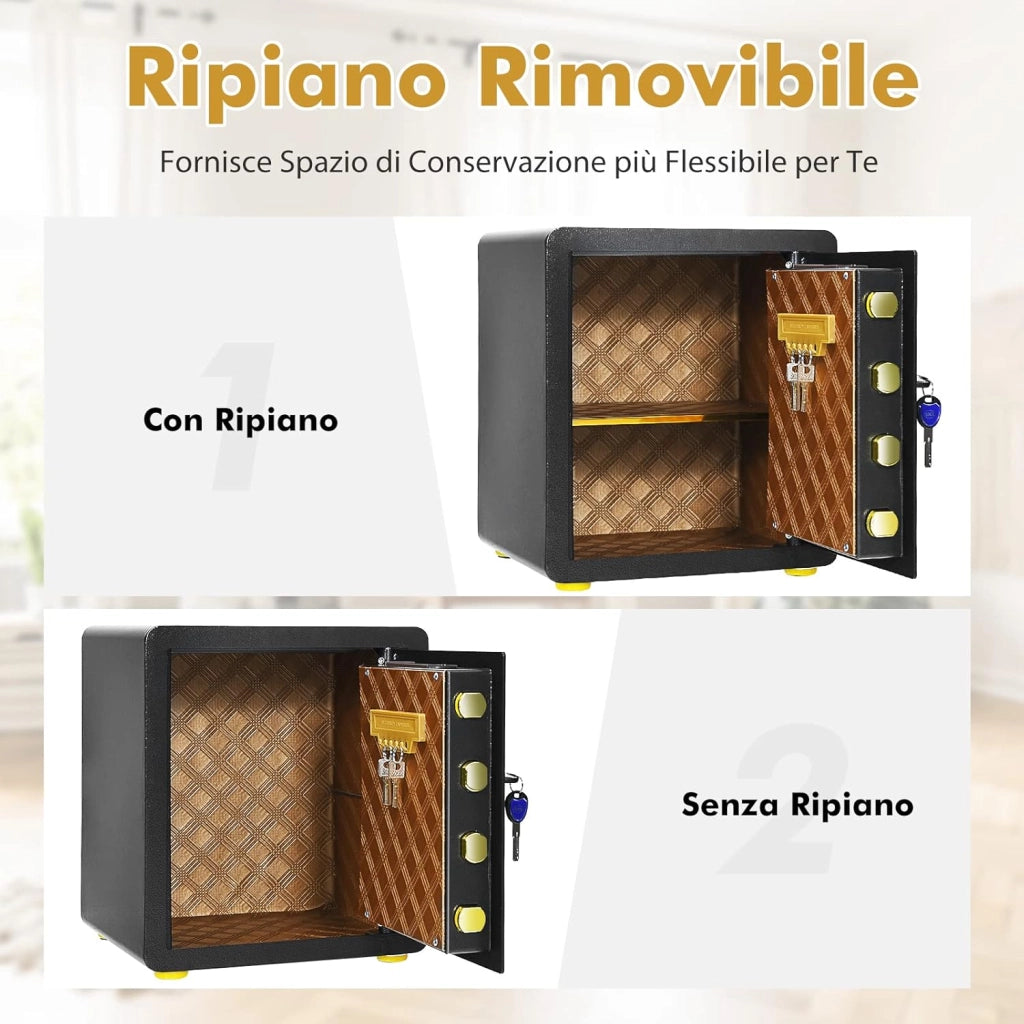 Cassaforte Elettronica, Cassetta di Sicurezza con Tastierino Numerico Digitale, con 2 Chiavi, 2 Chiavi di Emergenza, Ripiano Rimovibile e Sistema di Allarme, 36x31x41 cm