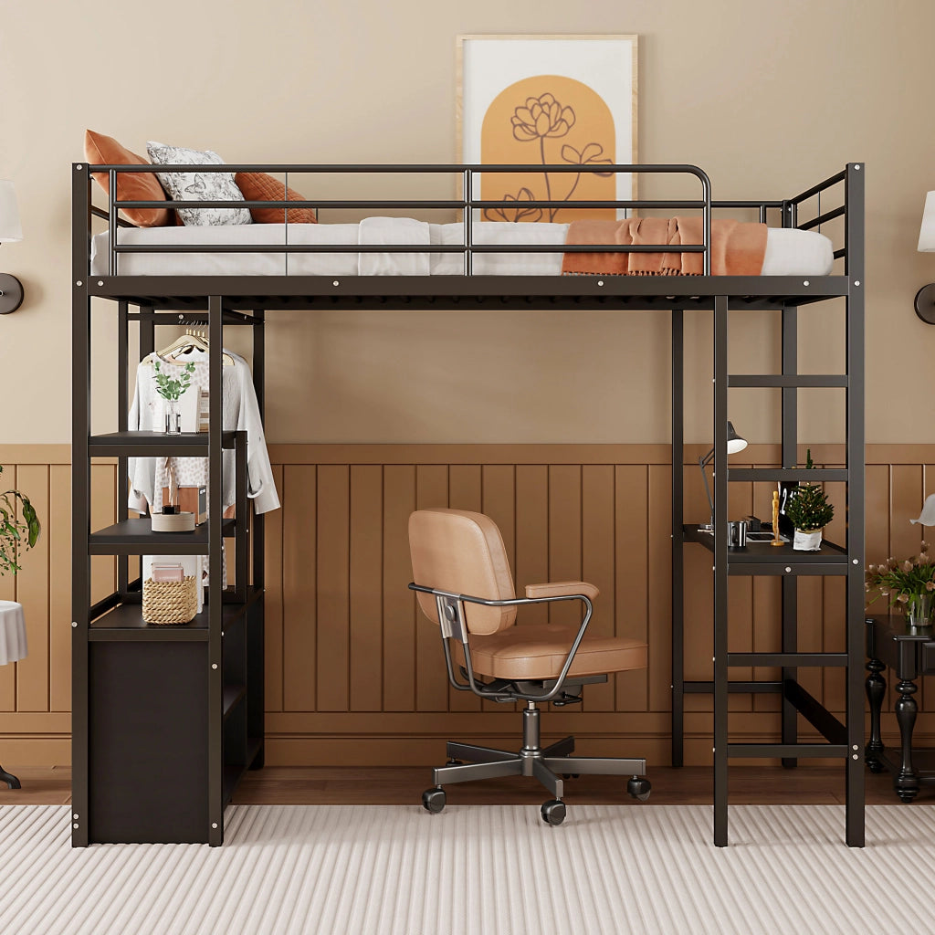 OKWISH Letto a Soppalco 90×200 cm, Letto Singolo con Scrivania, Presa, USB, Mensole e Armadietto Aperto, senza Materasso, Metallo, Nero