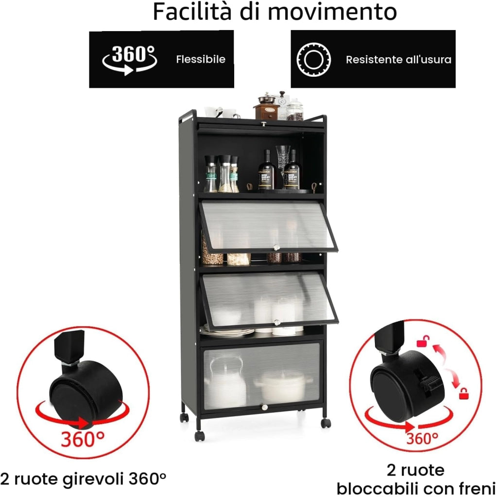 Mobile Dispensa Cucina a 5 Livelli, Mensola Microonde con Anta a Vista, Ruote, Dispositivo Antiribaltamento, Scaffale da Cucina in Ferro per Soggiorno, Sala da Pranzo, 60x32x154cm (Nero)