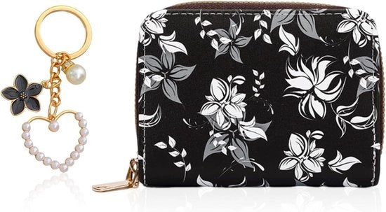 Tas di stoccaggio con munita portafoglio, fiori stampati e fiore a goccia maniglia, nero - Tas di stoccaggio con portafoglio a moneta - per uso moderno, unico modello