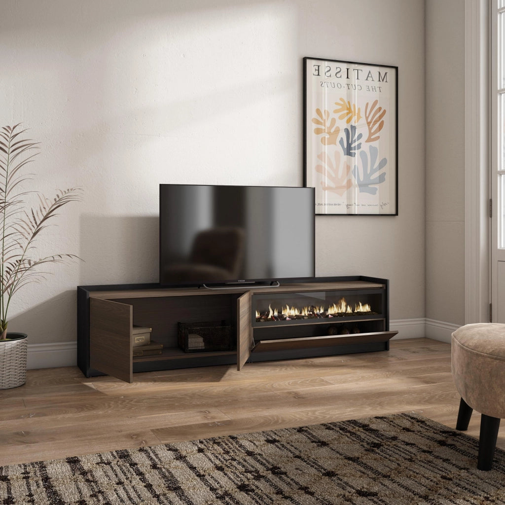 Mobile TV Soggiorno, 207x50x37 cm, Per TV fino a 80", Camino elettrico, Rovere scuro e Nero
