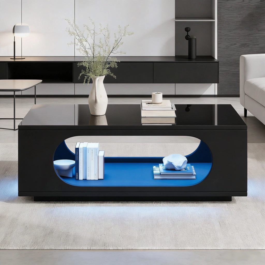Tavolino lucido, illuminazione a LED, 100 x 50 x 35 cm, in MDF, con design traforato, nero