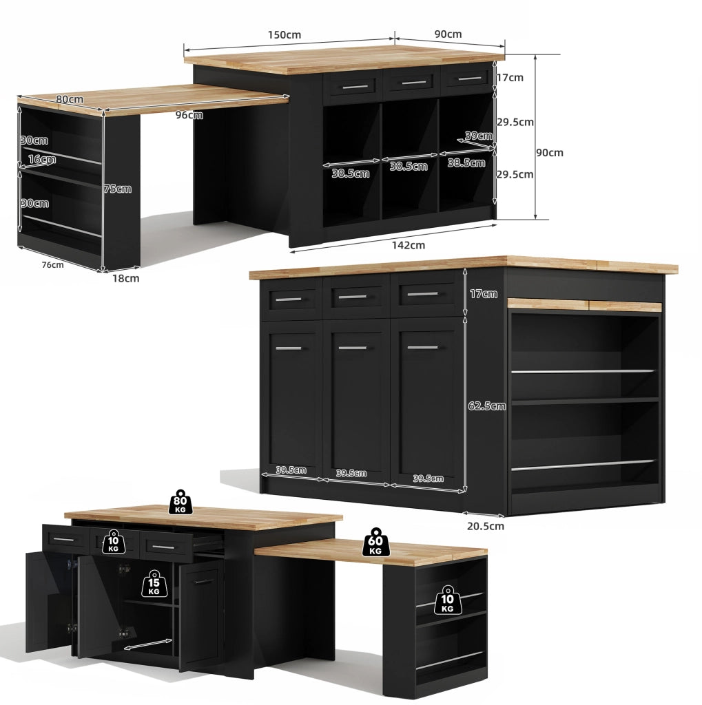 Isola cucina moderna 150x90x90 cm con tavolo estraibile; MDF naturale e nero