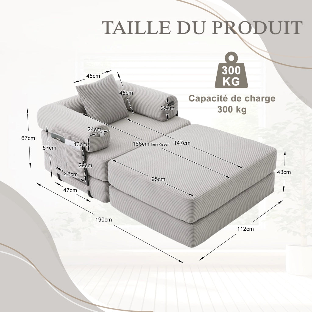 Divano modulare con cuscino e tasca laterale, design ergonomico per soggiorno, in velluto a coste grigio chiaro