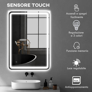 Specchio Bagno da Parete 70x100 cm con Interruttore Touch e Luce LED in Vetro Temperato Argento