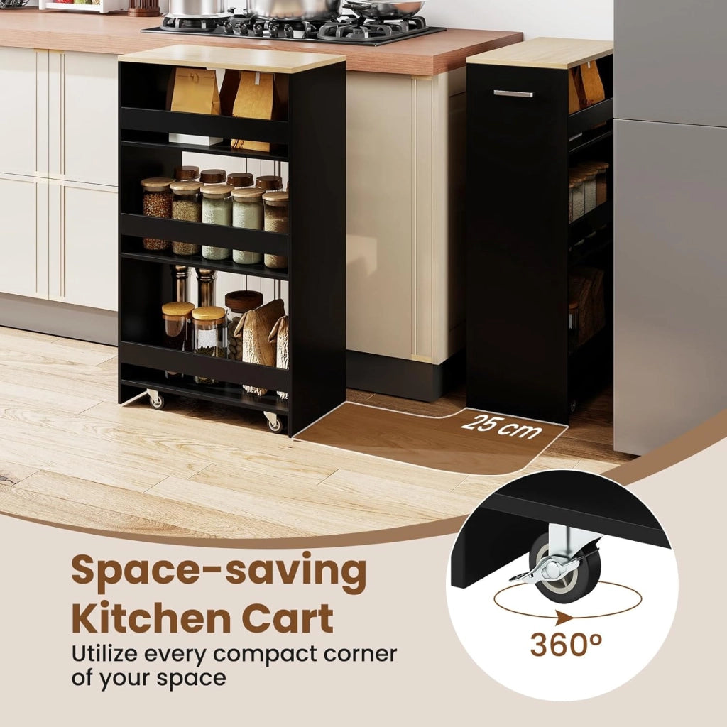 Carrello per Nicchia con Ruote, 4 Livelli，Carrello di Servizio Stretto Salvaspazio, da Bagno, Scaffale da Cucina Sottile 47,5 x 13 x 80,5 cm (Naturale+Nero, Largo 25 cm)