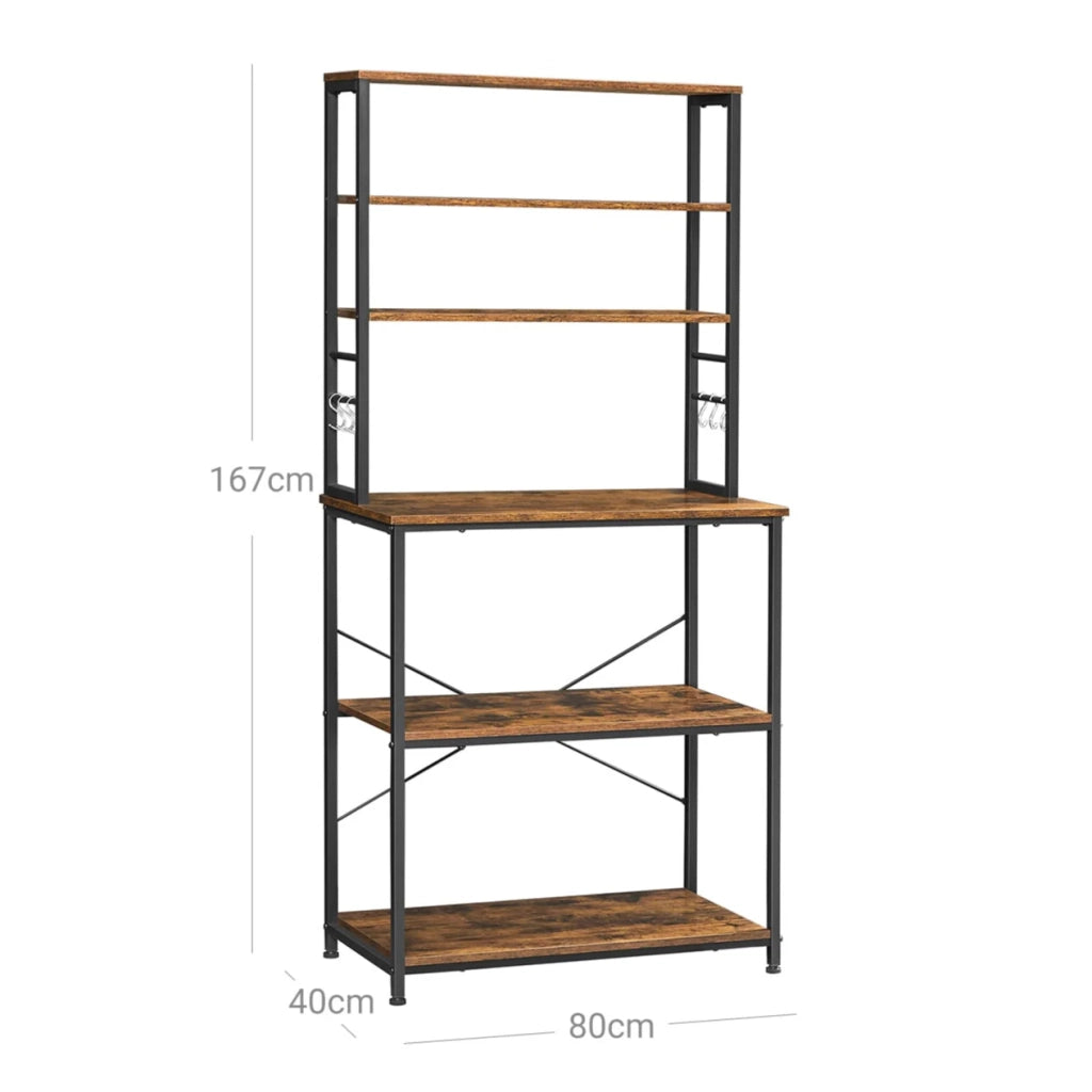 Scaffale da cucina con ripiani portaoggetti 6 ganci struttura in metallo per utensili forno a microonde stile industriale 80 x 40 x 167 cm marrone 12_0005643