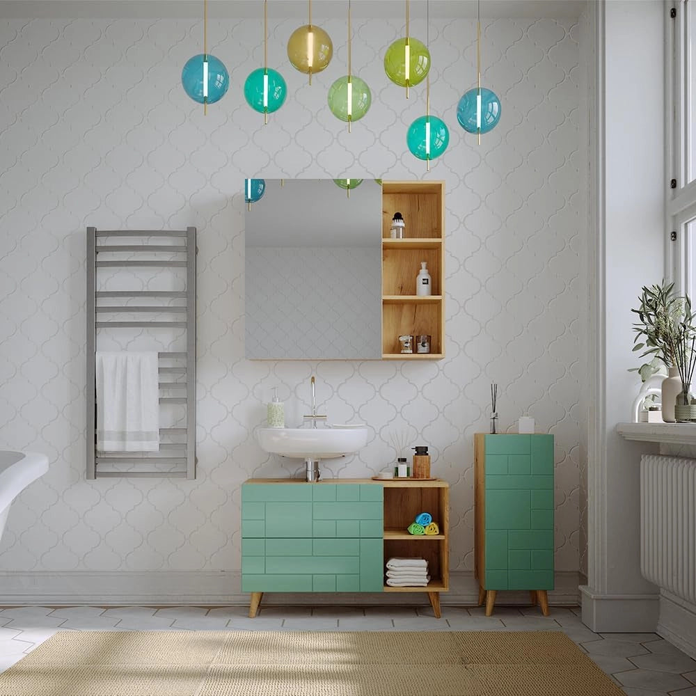 Set di mobili da bagno Rudi, Verde menta, 90 cm, composto da mobile sottolavabo, specchiera e mobile medio