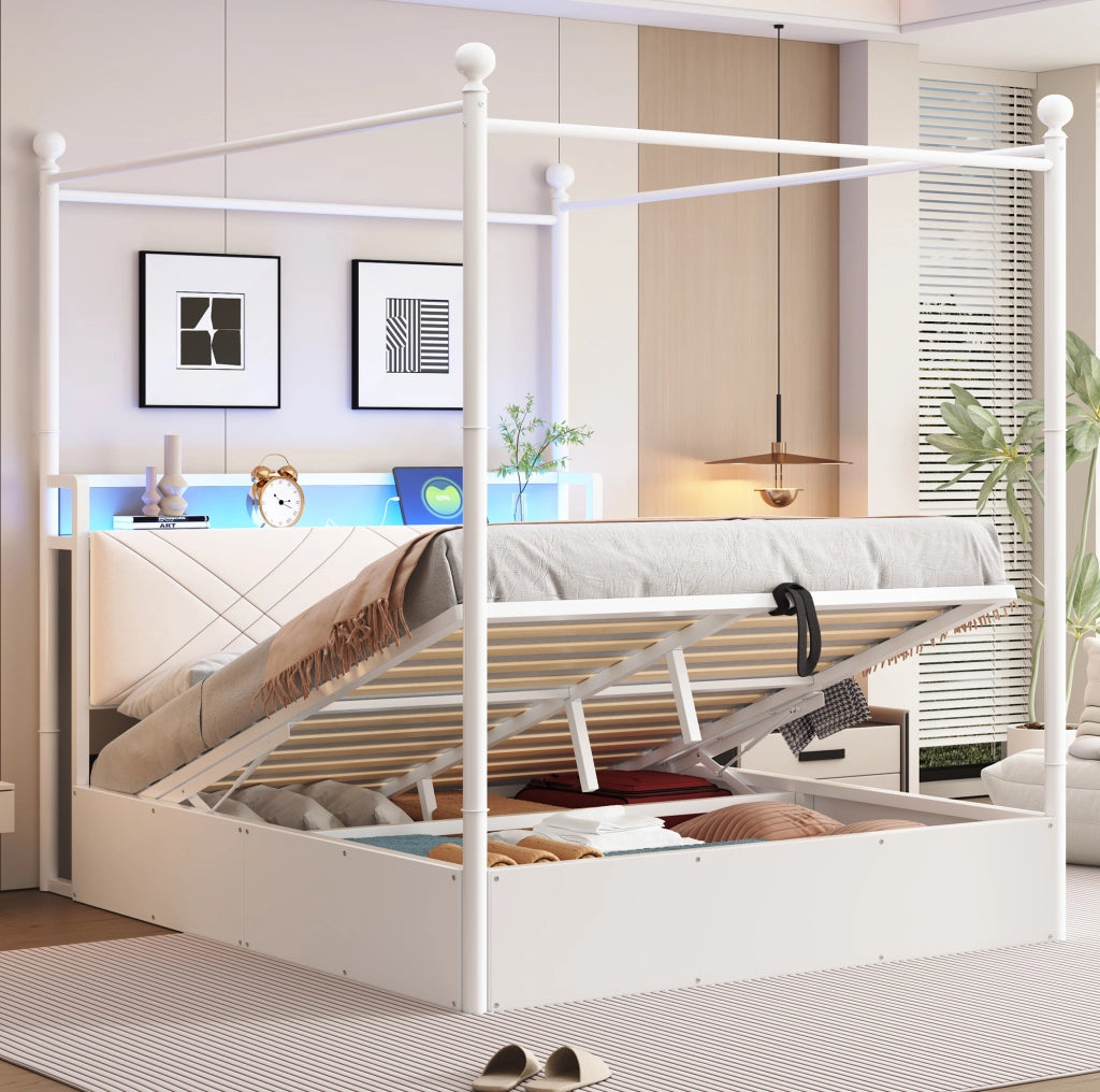 Letto matrimoniale multifunzione 140x190 cm in metallo bianco con baldacchino removibile; contenitore; LED e USB