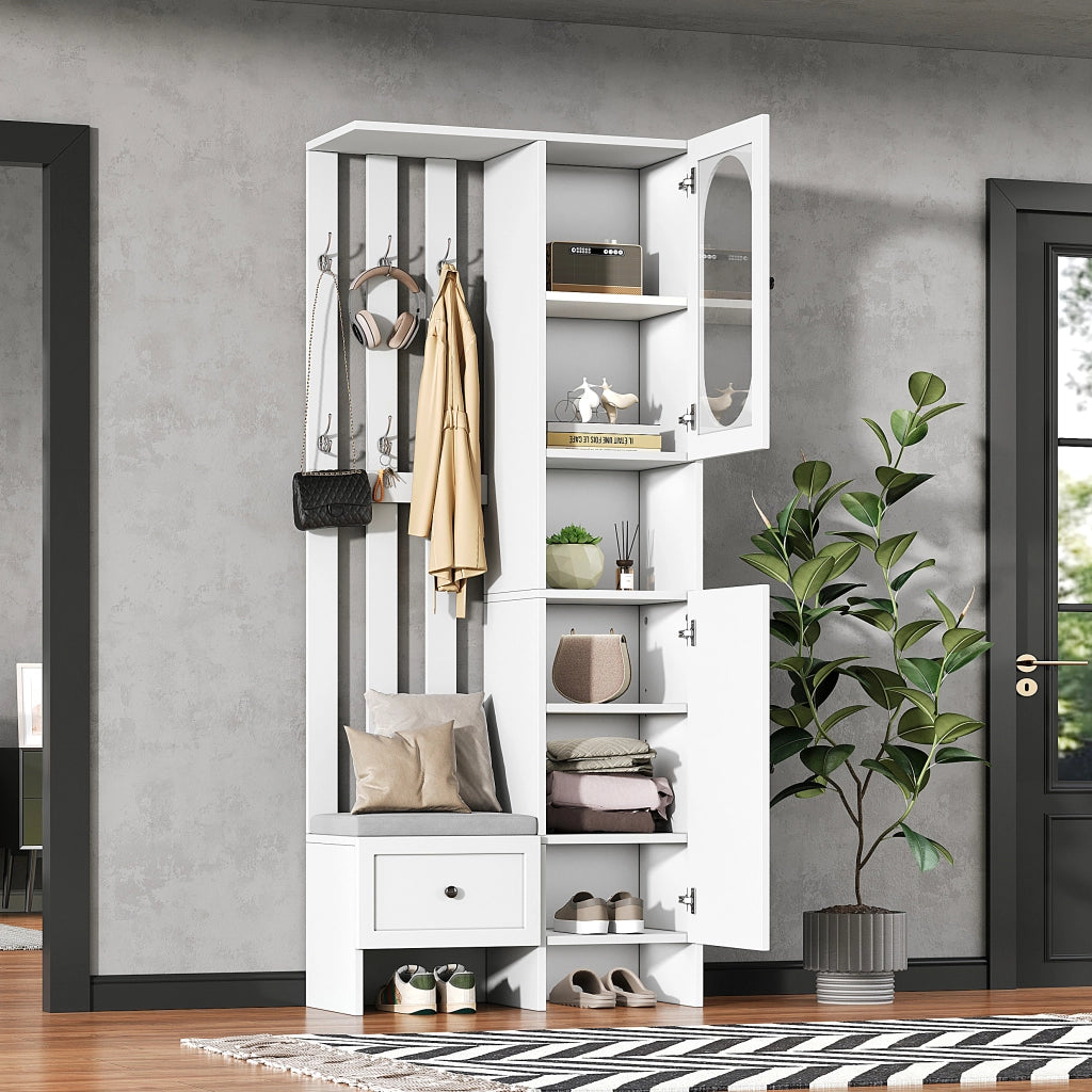 Mobile ingresso con 2 Armadi; 6 Ganci; Panca Portascarpe con Cuscino; Ante in Vetro Temperato; Bianco; 85??33;5??200 cm