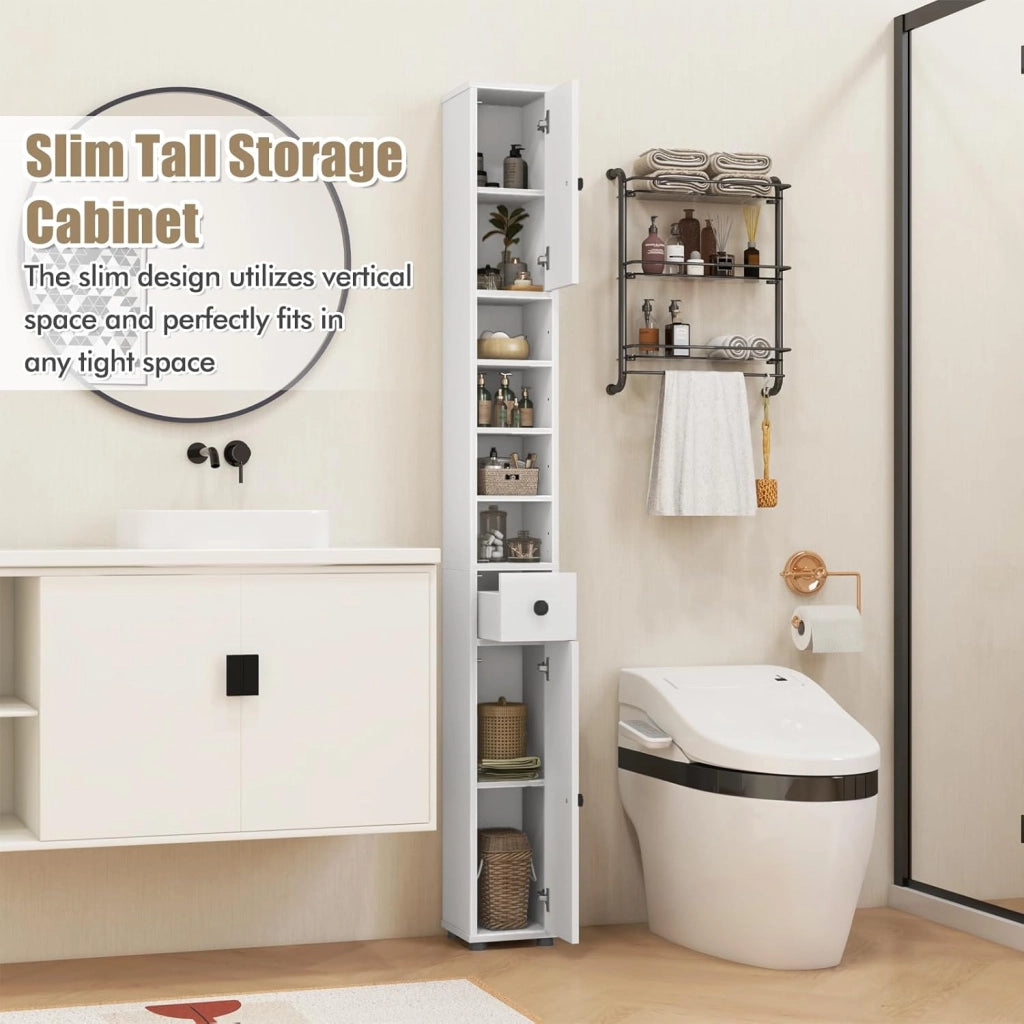 Scaffale Bagno Colonna 20 x 20 x 180 cm, Armadio da Bagno Sottile con Cassetto, 2 Ante e 4 Ripiani Aperti, Armadio per Bagno e Soggiorno