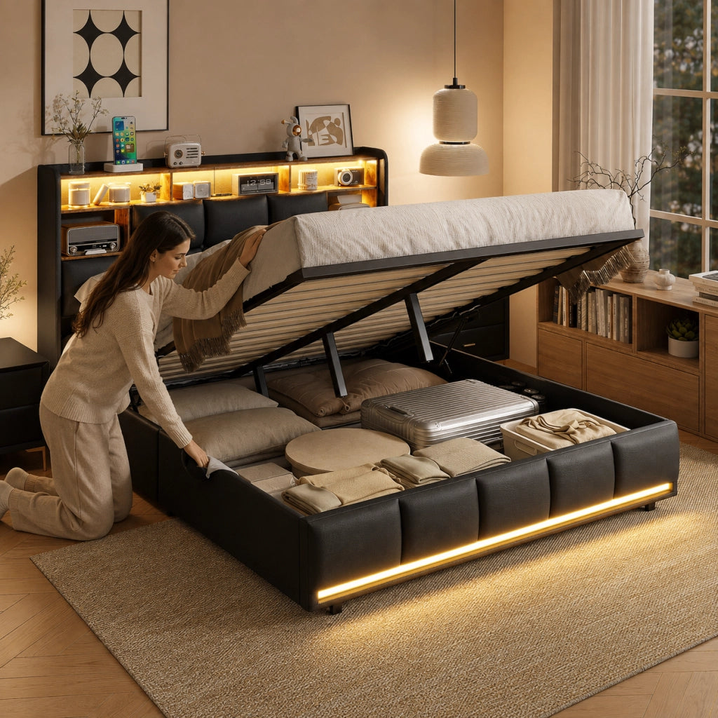 Letto matrimoniale con contenitore idraulico, testiera con vani, LED RGB, pelle sintetica nera, 140x190 cm, con porte USB e presa di corrente