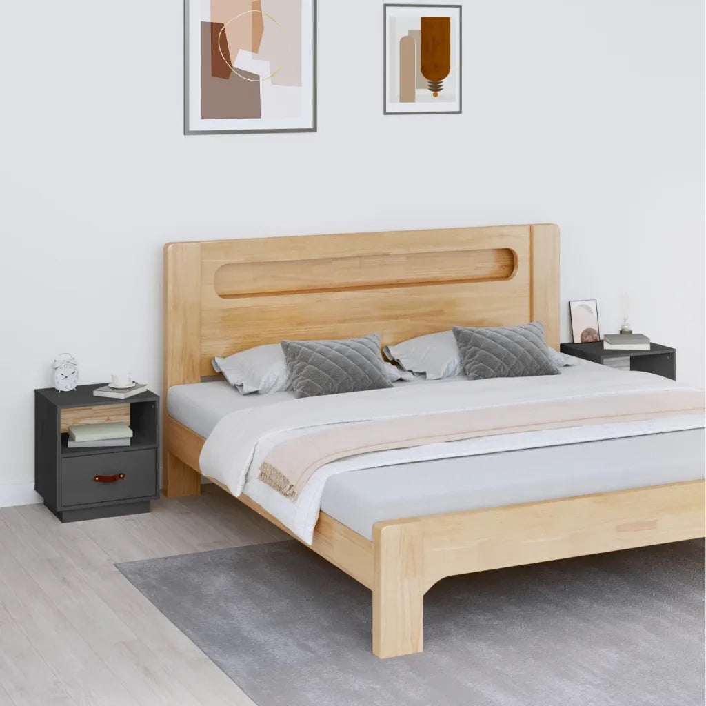 Set di 2 Comodini | Armadio da Notte | Mobiletto da notte Grigi 40x34x45 cm in Legno Massello di Pino