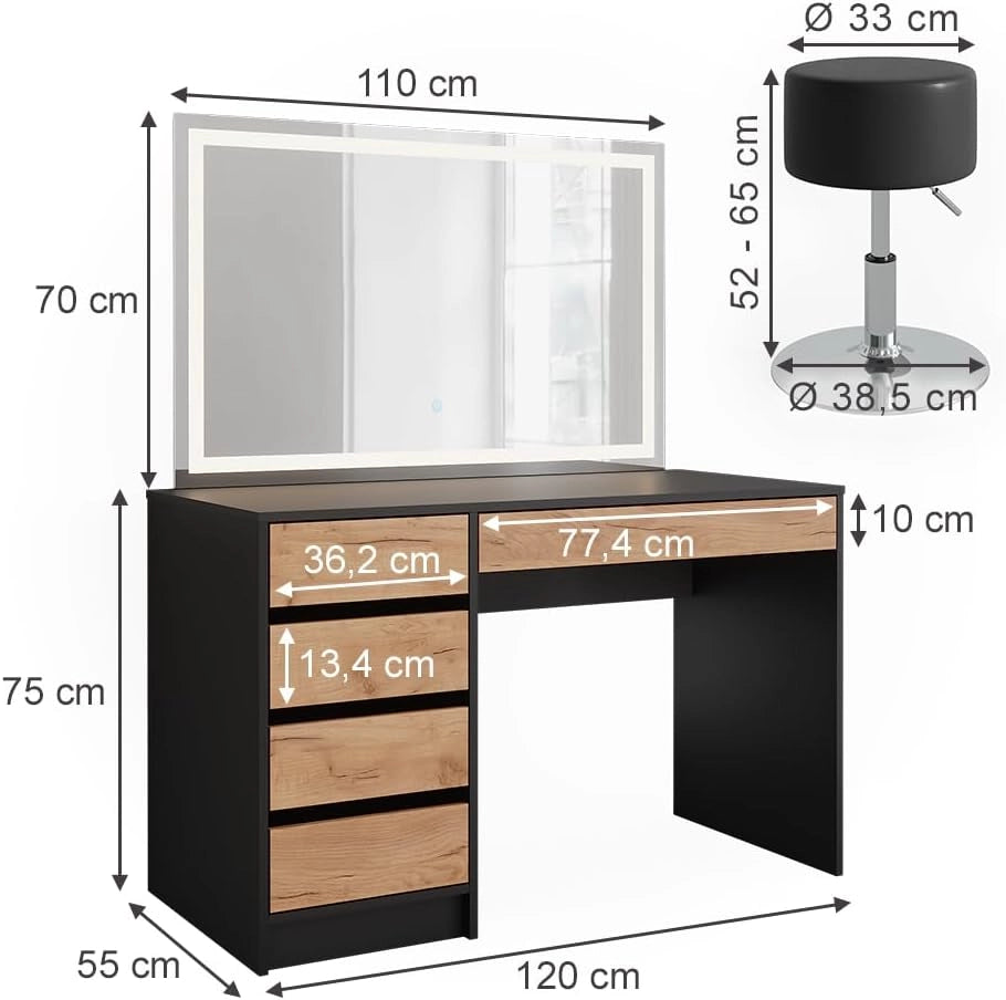 Vicco Tavolo da toilette Sherry, Antracite/quercia dorata, 120 x 75 cm con specchio LED e sgabello
