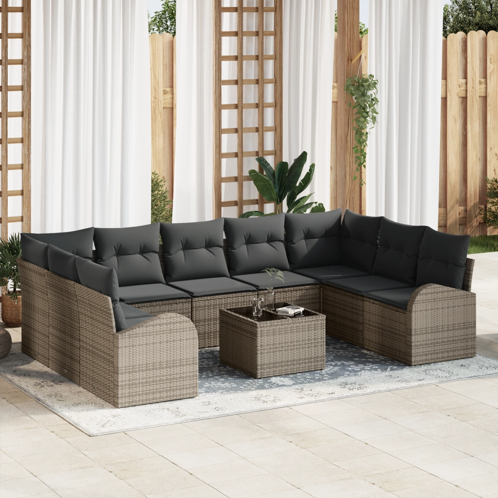 Set di divani da giardino 9 pezzi con cuscini in polyrattan nero