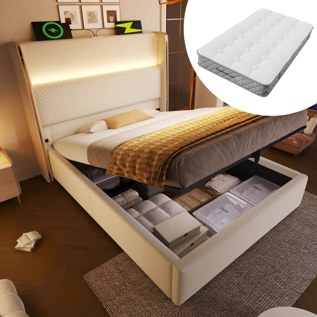 LETTO Contenitore idraulico 90x200 cm con materasso incluso, testiera alta Beige