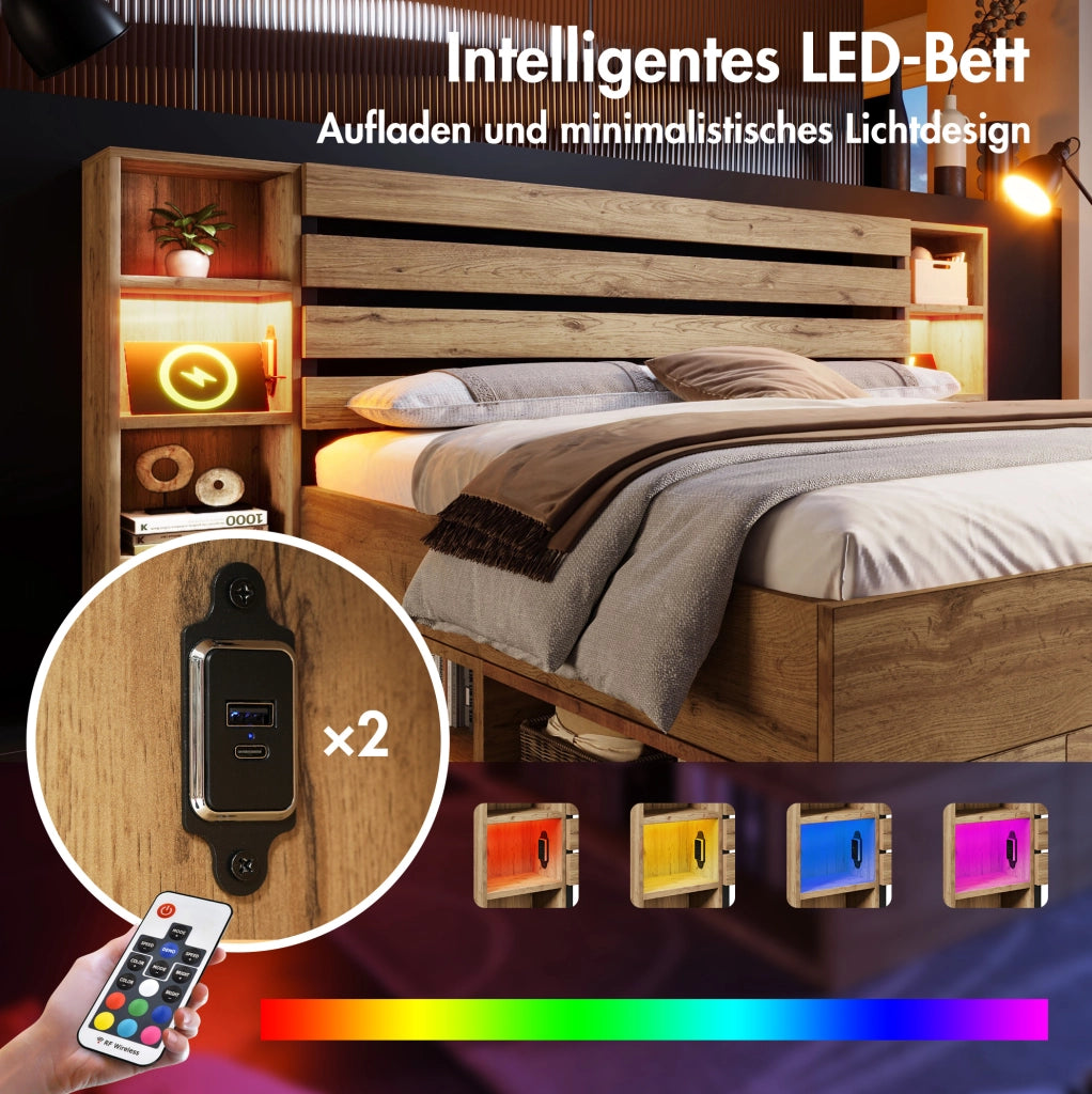 Letto matrimoniale con contenitore, luci LED e porte USB/Type-C, quercia, 160 x 200 cm