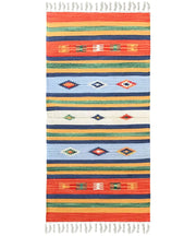 Tappeto KELIM 06 disegni etnici orientali colori vivaci cm.140x200 tessuto e frangia 100% cotone, lavabile in lavatrice