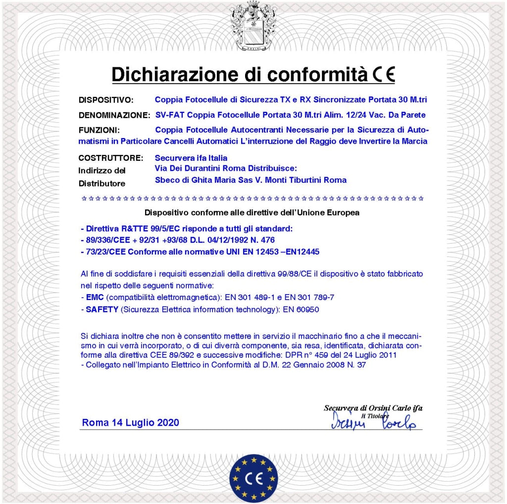 Fotocellula Una Coppia Portata 30 Metri Lineari Antischiacciamento per Cancello Elettrico Automatico Allmatic Montaggio a Parete o Palina Alimentazione 12/24 Vac