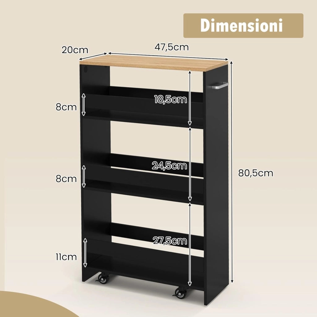 Carrello da Cucina a 4 Ripiani, Carrello in Legno con 4 Ruote Universali, Carrello Scaffale Stretto Salvaspazio con Manico per Bagno, Ufficio, Officina, 47,5 x 20 x 80,5 cm (Nero)