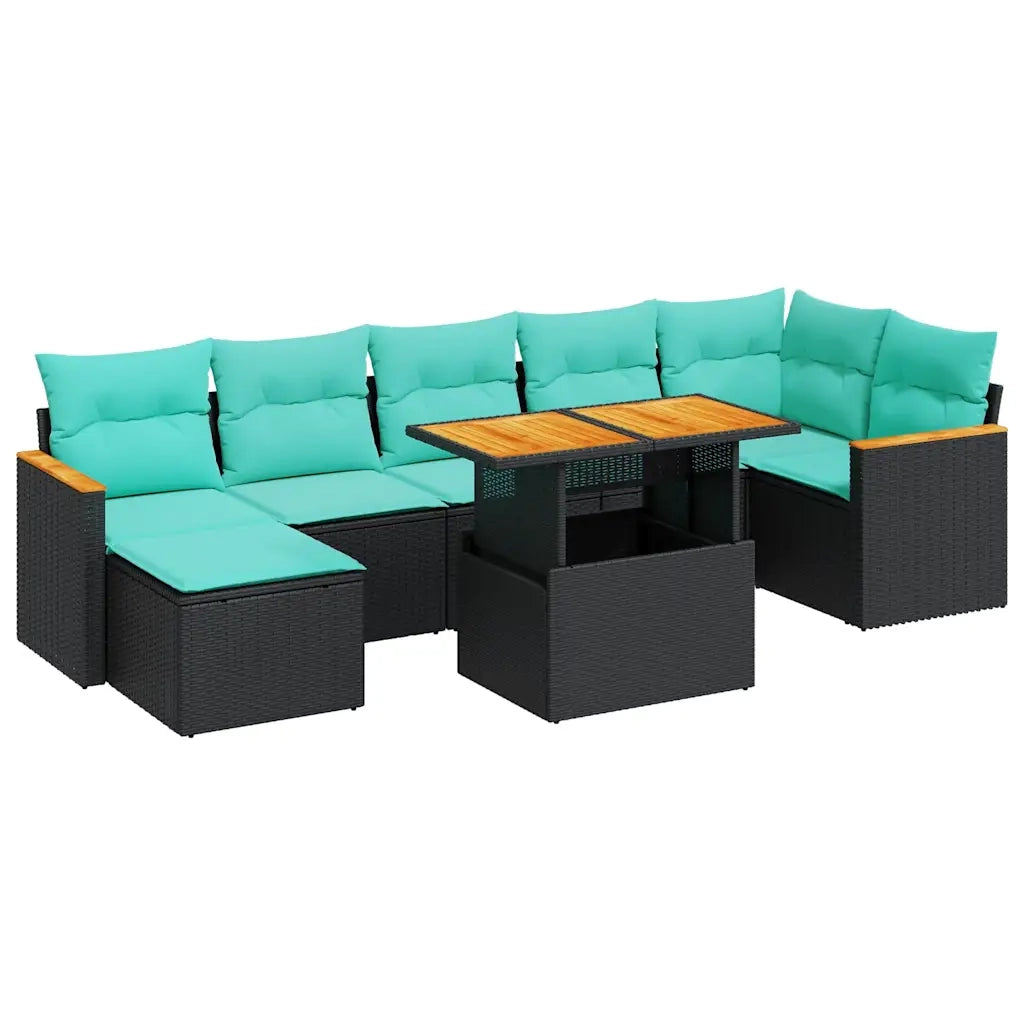 Set Divani da Giardino con Cuscini 8 pz Nero Polyrattan Acacia