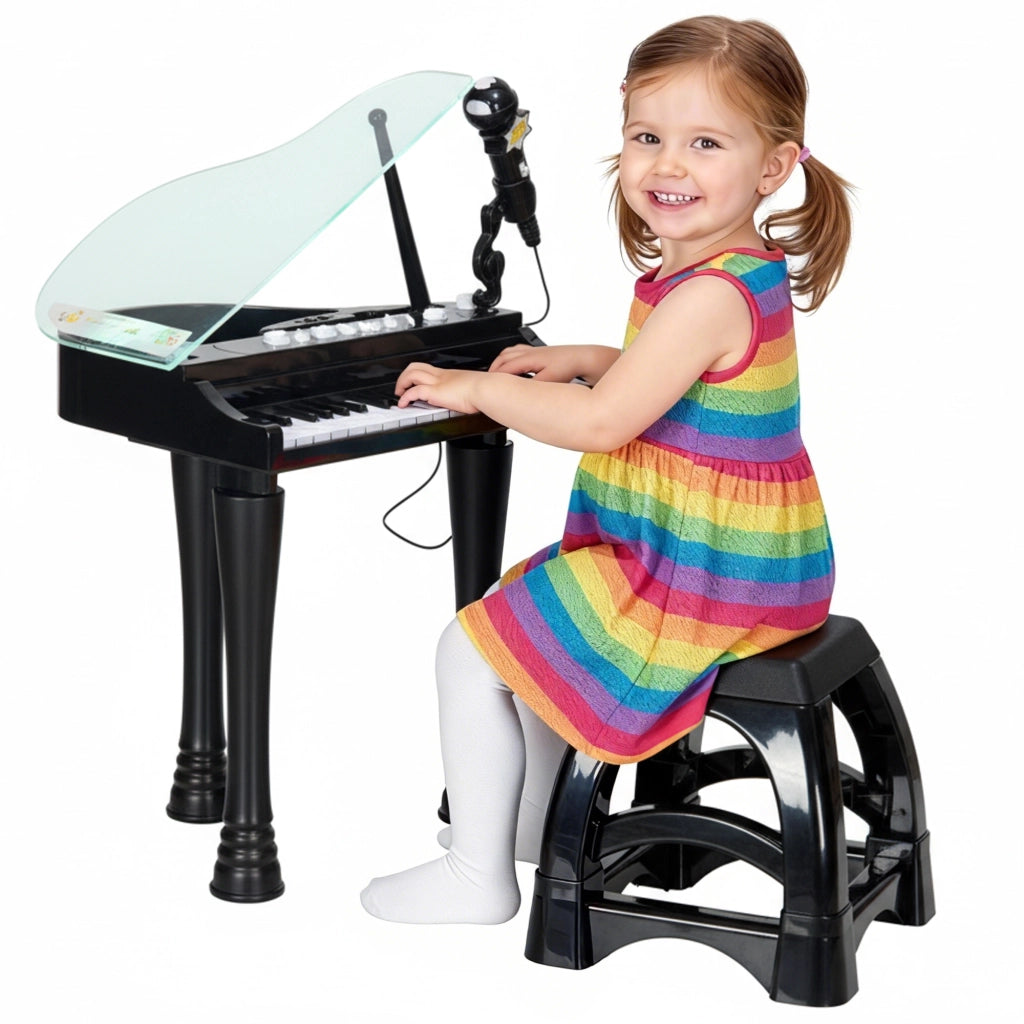Pianoforte elettronico per bambini a coda 32 tasti con microfono sgabello e luci LED multifunzionale nero