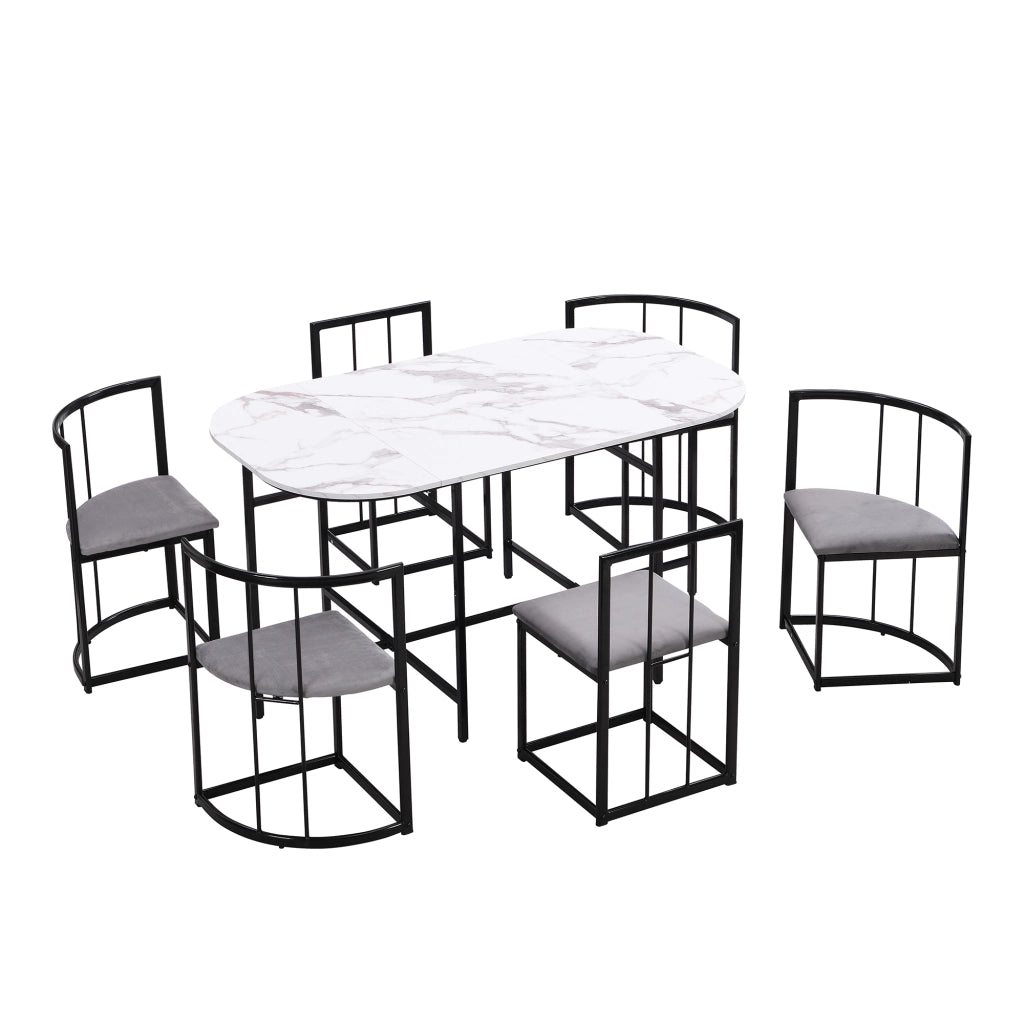 Tavolo da pranzo per 6 persone con 6 sedie con schienale e seduta imbottita stile moderno in MDF bianco e ferro nero