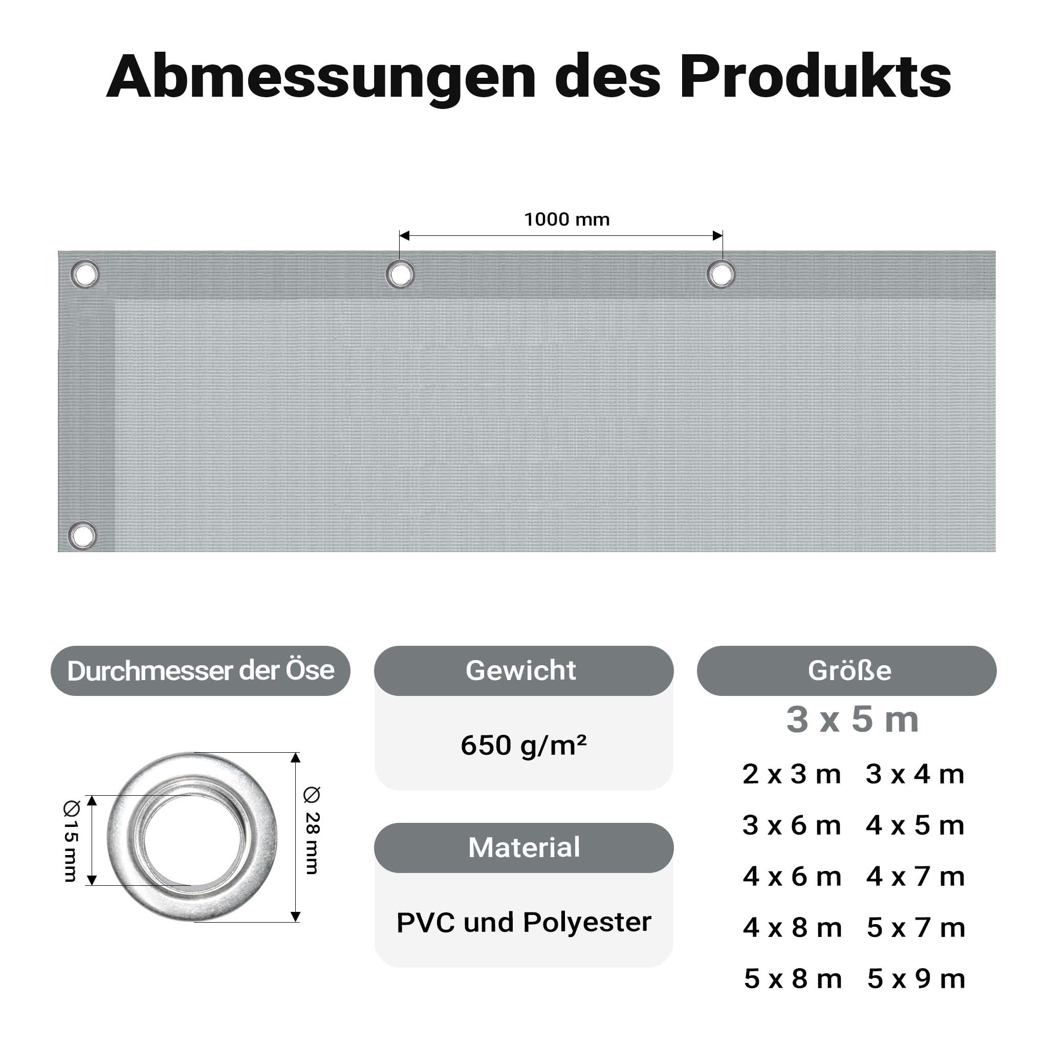 Telone occhiellato grigio 3 x 5 m resistente alle intemperie e a raggi UV, impermeabile, robusto telo di protezione in poliestere 650 g/m² con rivestimento in PVC