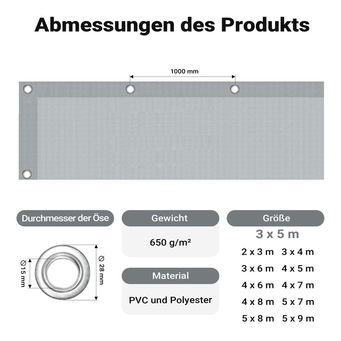Telone occhiellato grigio 3 x 5 m resistente alle intemperie e a raggi UV, impermeabile, robusto telo di protezione in poliestere 650 g/m² con rivestimento in PVC