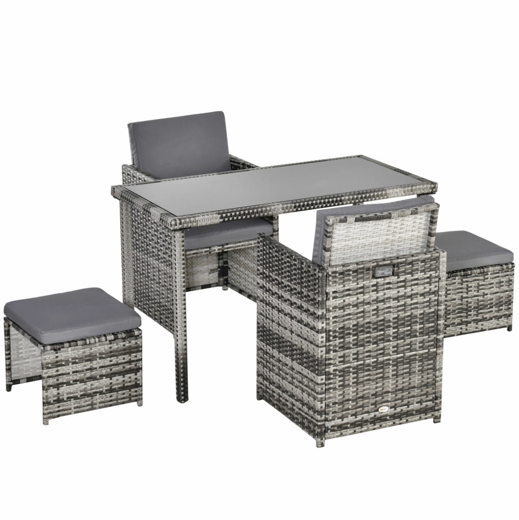 Set da pranzo da giardino in Polyrattan per 4 persone con cuscini, grigio, resistente alle intemperie