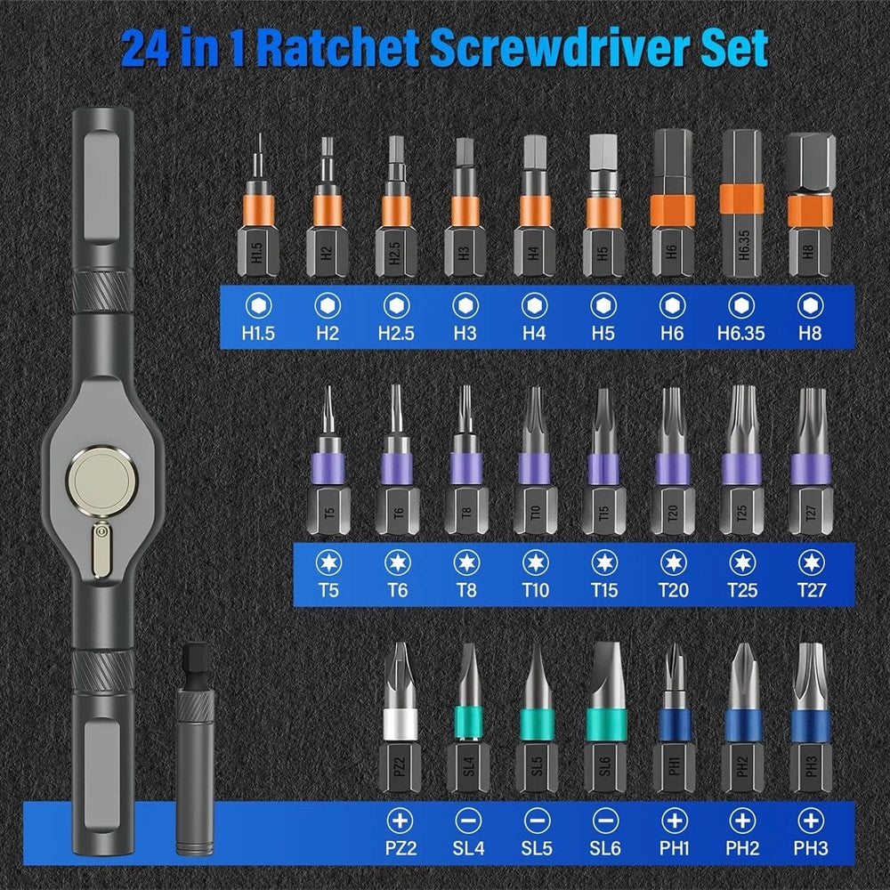 Trade Shop - Kit Cacciaviti A Cricchetto 24in1 Di Precisione Con 24 Punte Manico Rimovibile Riparazioni -
