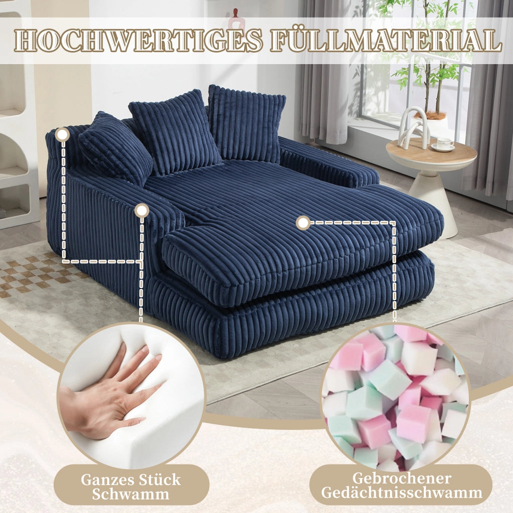 OKWISH Chaise Longue in Velluto a Coste, Design Ergonomico con 3 Cuscini e Seduta a Pavimento, Blu Navy 125 x 155 x 63 cm