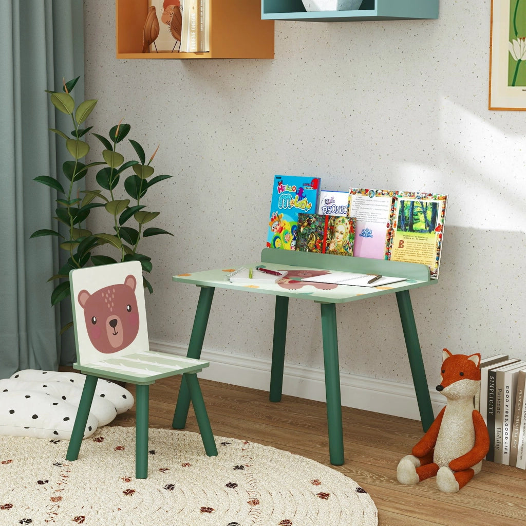 Set Sedia e Tavolino per Bambini con Ripiano Portaoggetti, in MDF e Legno di Pino, Verde