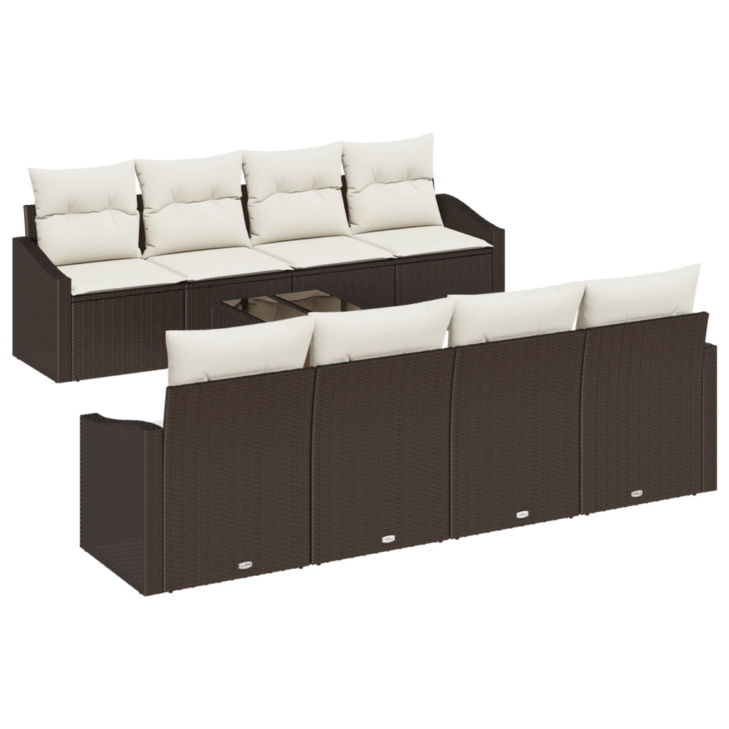 Set di divani da giardino 9 pezzi con cuscini marrone polyrattan