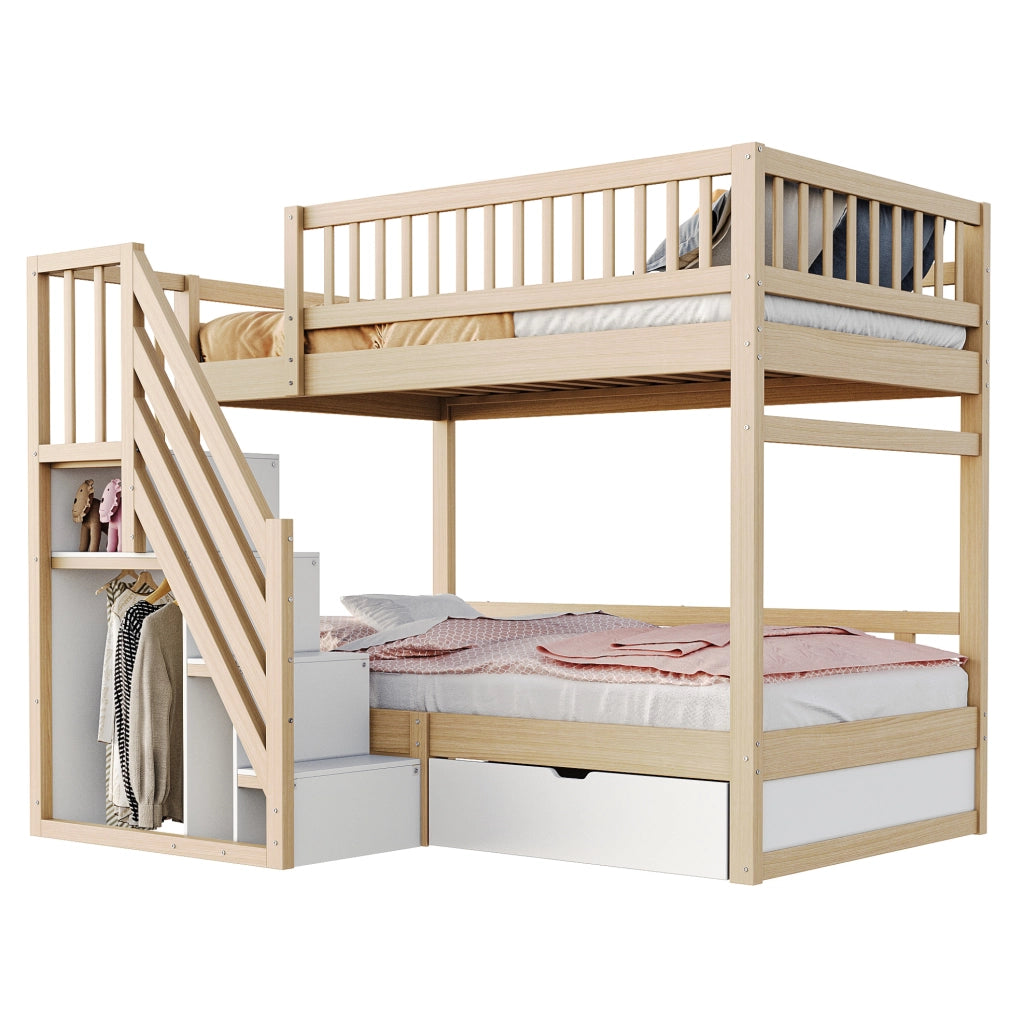 Letto a castello in legno massello 90x200 cm con scala contenitore e cassetti; bianco e legno naturale