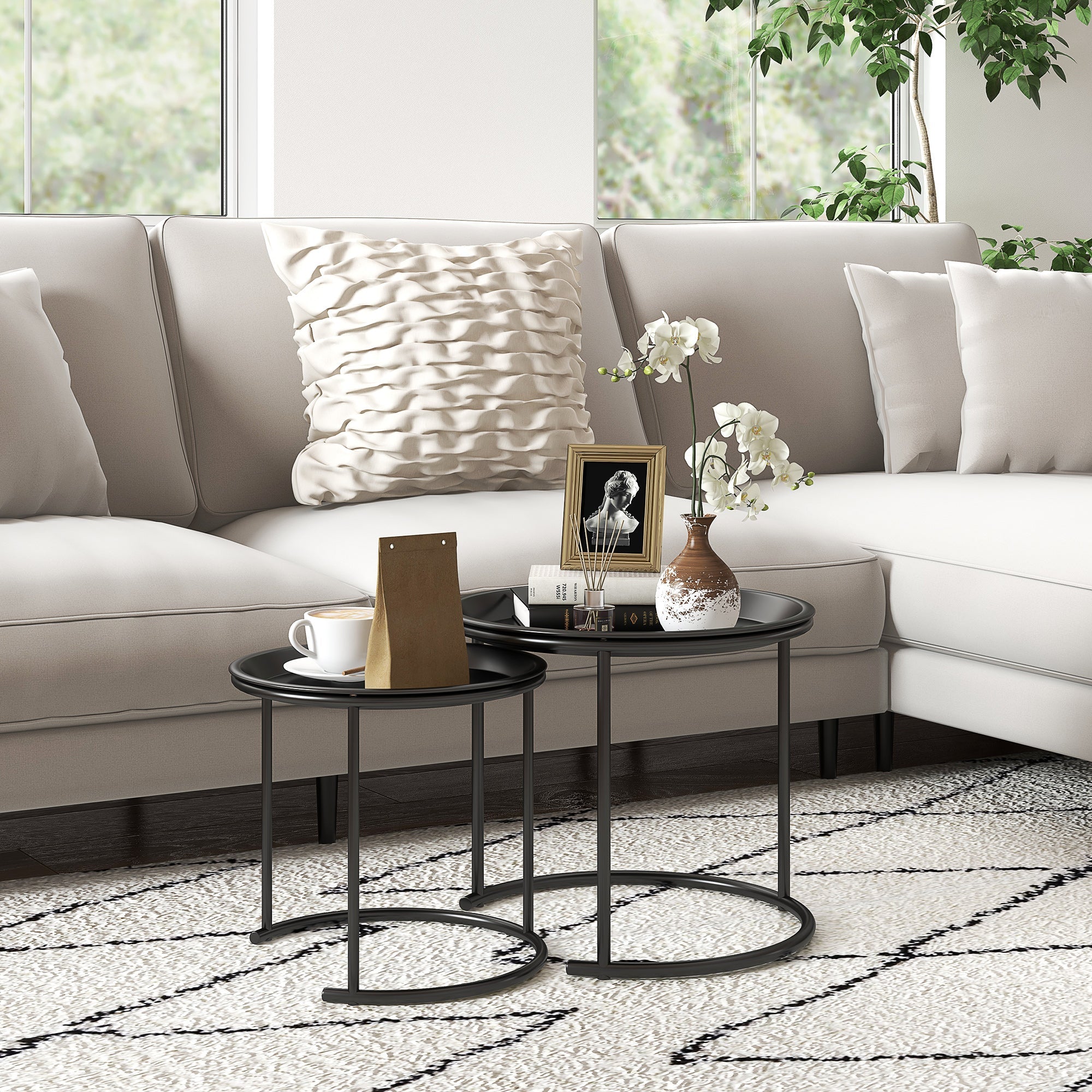 Set 2 Tavolini da Salotto Rotondi Sovrapponibili con Vassoio rimuovibile Nero