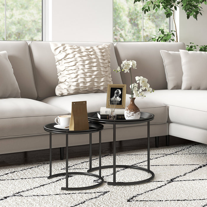 Set 2 Tavolini da Salotto Rotondi Sovrapponibili con Vassoio rimuovibile Nero